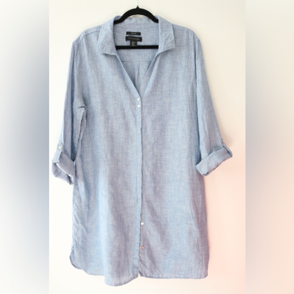 Tahari 100% Linen Blue Button Down Shirt Blouse Tunic Top Size XL Coastal Beach - Picture 2 of 7